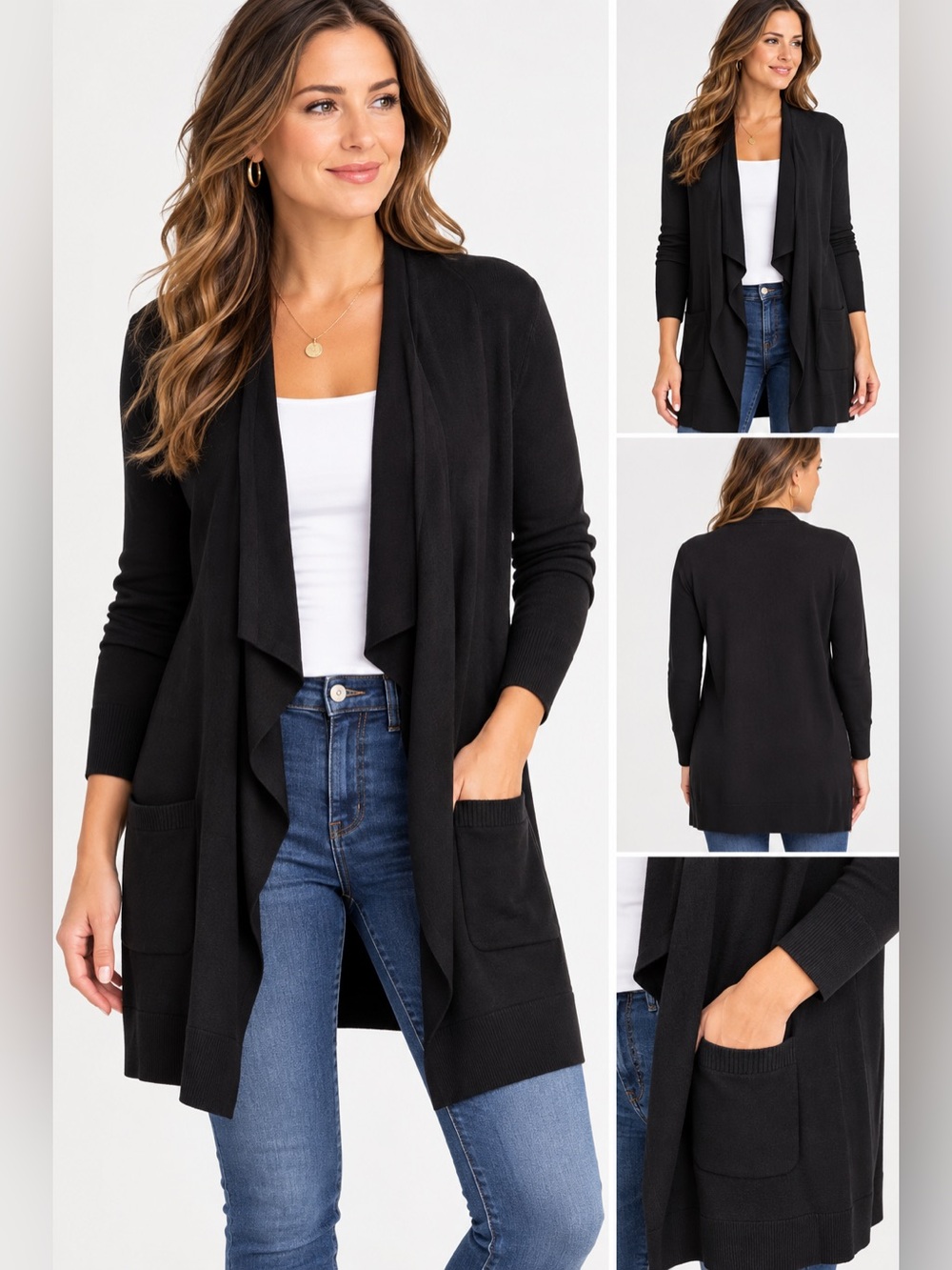 White House Black Market Black Long Open Front Cardigan Size Small